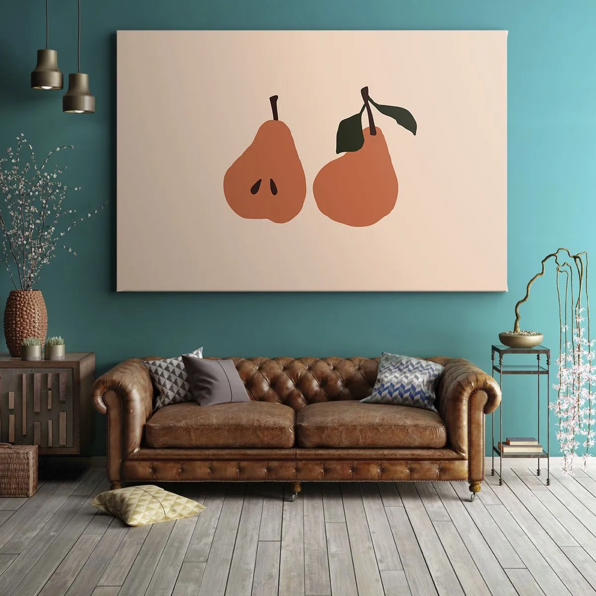 Vászonkép - Két körte minimalista illusztrációja bézs háttér előtt. - 70x50cm - Maga az édesség - Modern fali dekoráció nappalihoz és hálószobához ARTTOR