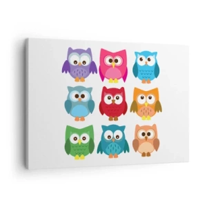 Vászonkép - Színes illusztrációk baglyokról gyermeki stílusban - 70x50cm - Jó móka másnak lenni - Modern fali dekoráció nappalihoz és hálószobához ARTTOR