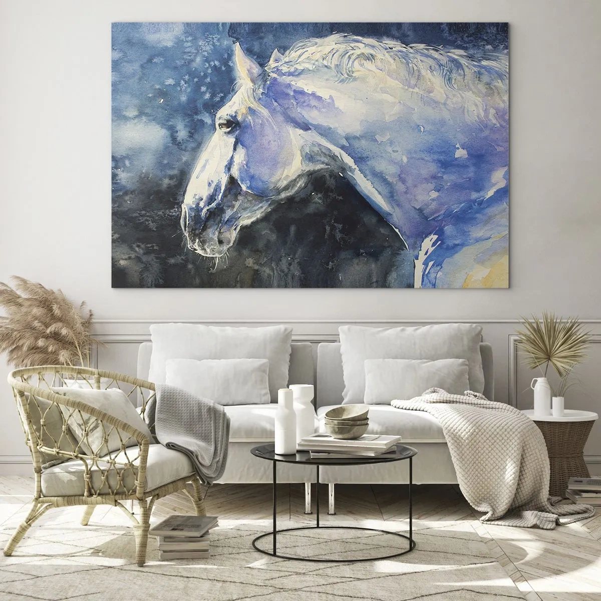 Üveg kép - Akvarell portré egy lóról kék árnyalatokban - 70x50cm - Portré kék fényben - Modern fali dekoráció nappalihoz és hálószobához ARTTOR