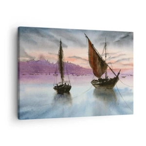 Vászonkép - Két vitorlás hajó kikötve nyugodt vízen alkonyatkor - 70x50cm - Este a kikötőben - Modern fali dekoráció nappalihoz és hálószobához ARTTOR