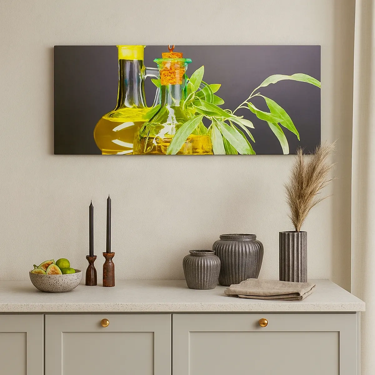 Vászonkép - Csendélet olívabogyóval és olívaolajjal - 30x30 cm