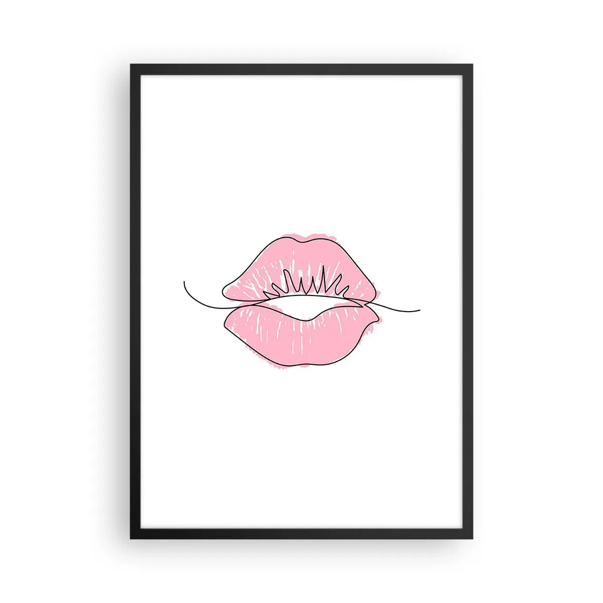 Poszter fehér keretben - Minimalista illusztráció rózsaszín ajkakról fehér alapon - 50x70cm - Készen állsz a csókra? - Modern fali dekoráció nappalihoz és hálószobához ARTTOR