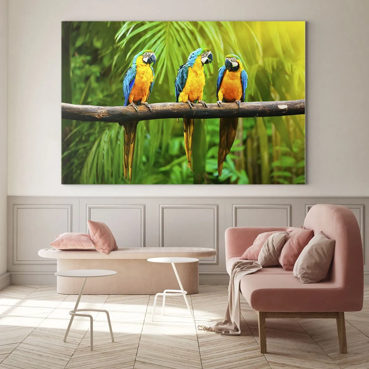 Üveg kép - Három ara papagáj egy ágon egy trópusi erdőben - 70x50cm - És hallottad, hogy ő…? - Modern fali dekoráció nappalihoz és hálószobához ARTTOR