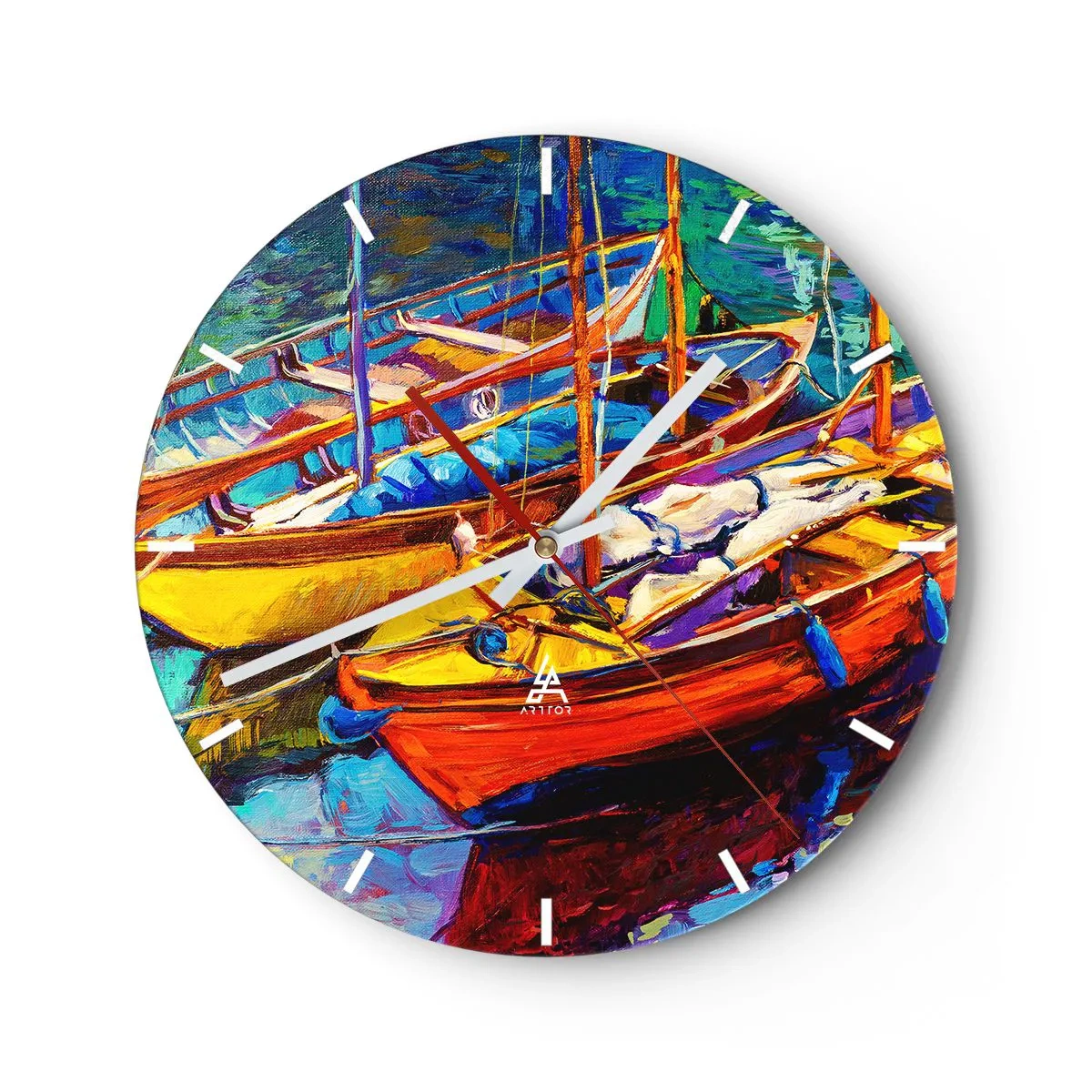 Falióra, Óra - Színes hajók a kikötőben - 30x30cm - Színektől sűrű vízen - Modern fali dekoráció nappalihoz, konyhához és hálószobához ARTTOR