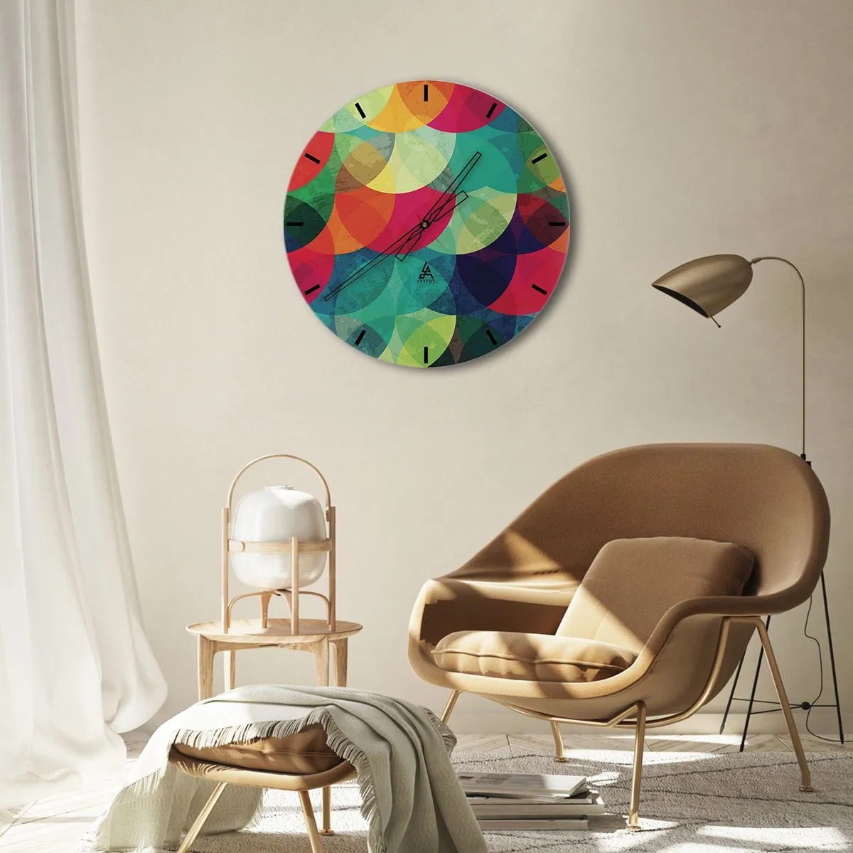 Falióra, Óra - Többszínű körök, amelyek átfedik egymást egy geometriai kompozícióban - 30x30cm - Felszívárványság - Modern fali dekoráció nappalihoz, konyhához és hálószobához ARTTOR