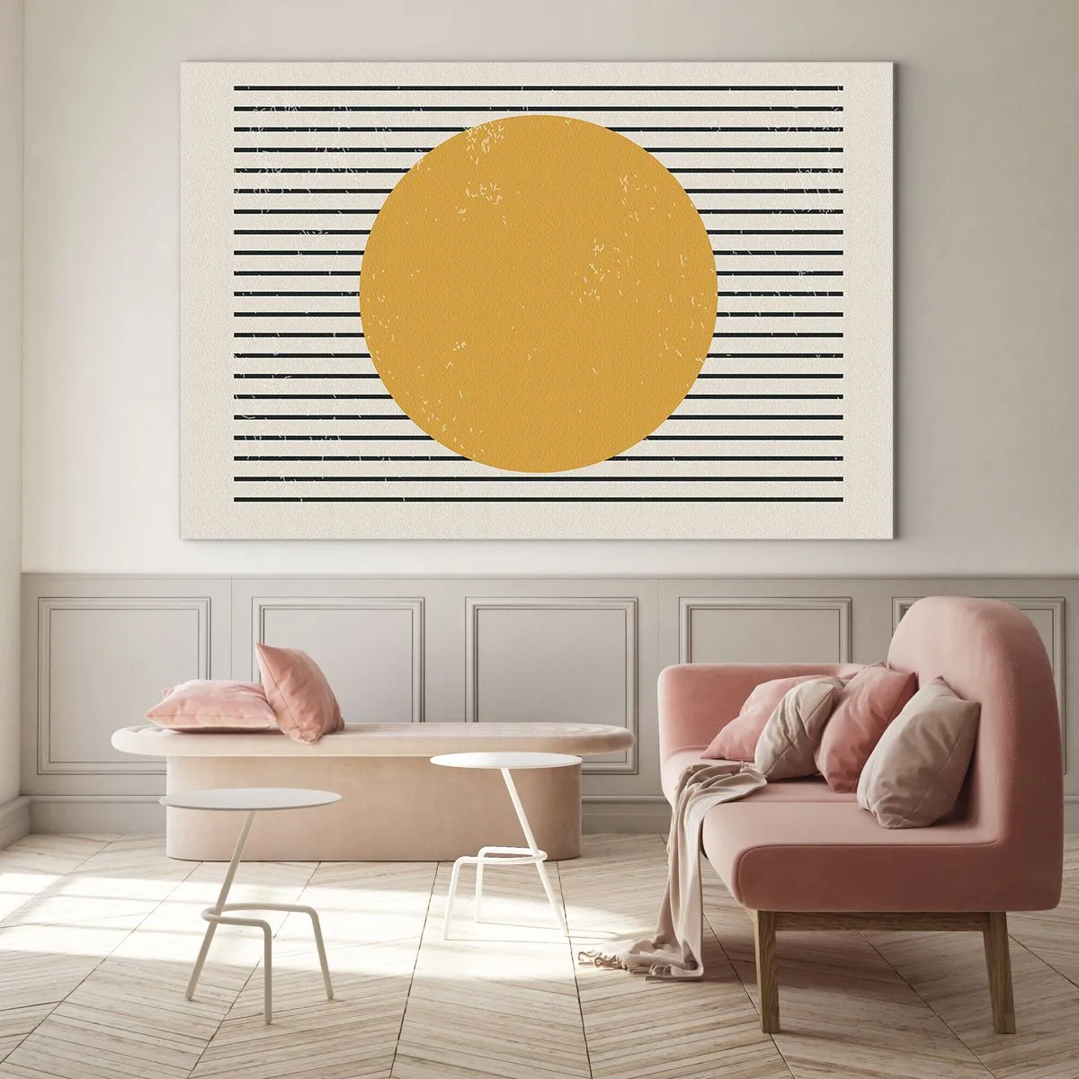 Üveg kép - Egy narancssárga kör bézs alapon vízszintes fekete vonalakkal tarkított háttér előtt. - 70x50cm - Az egyszerűség ereje - Modern fali dekoráció nappalihoz és hálószobához ARTTOR