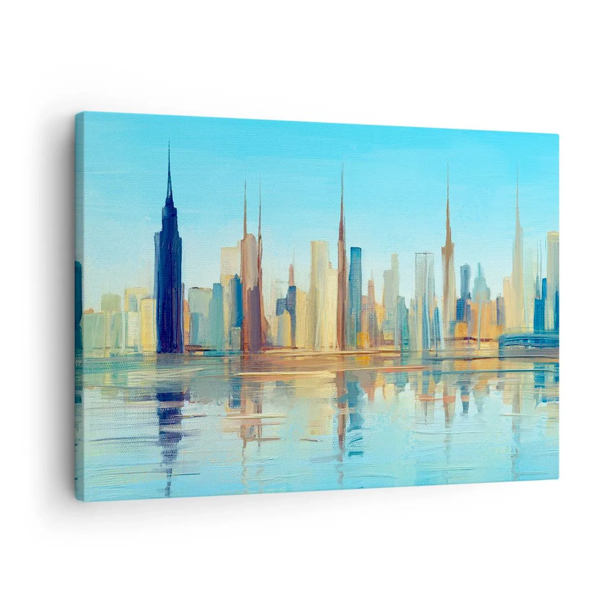 Vászonkép - A város panorámája meleg színekkel, tükröződéssel a vízben - 70x50cm - Napfényes metropolisz - Modern fali dekoráció nappalihoz és hálószobához ARTTOR