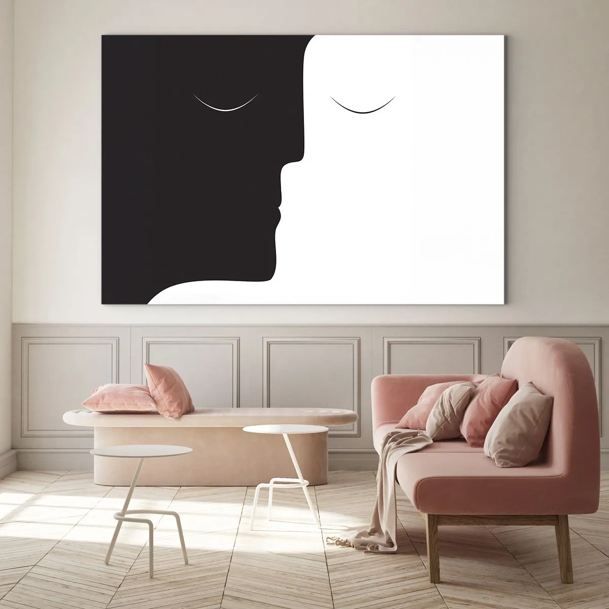Üveg kép - Minimalista fekete-fehér arcok alkotnak egységet - 70x50cm - Az ellentétek egysége - Modern fali dekoráció nappalihoz és hálószobához ARTTOR