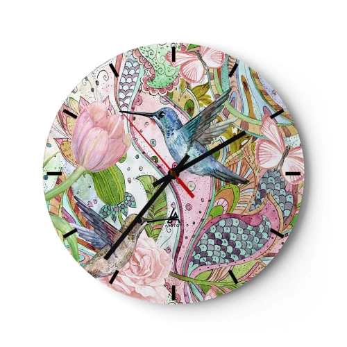 Falióra, Óra - Színes kolibrik és virágok művészi minták hátterében - 30x30cm - Szőlőbe gabalyodva - Modern fali dekoráció nappalihoz, konyhához és hálószobához ARTTOR