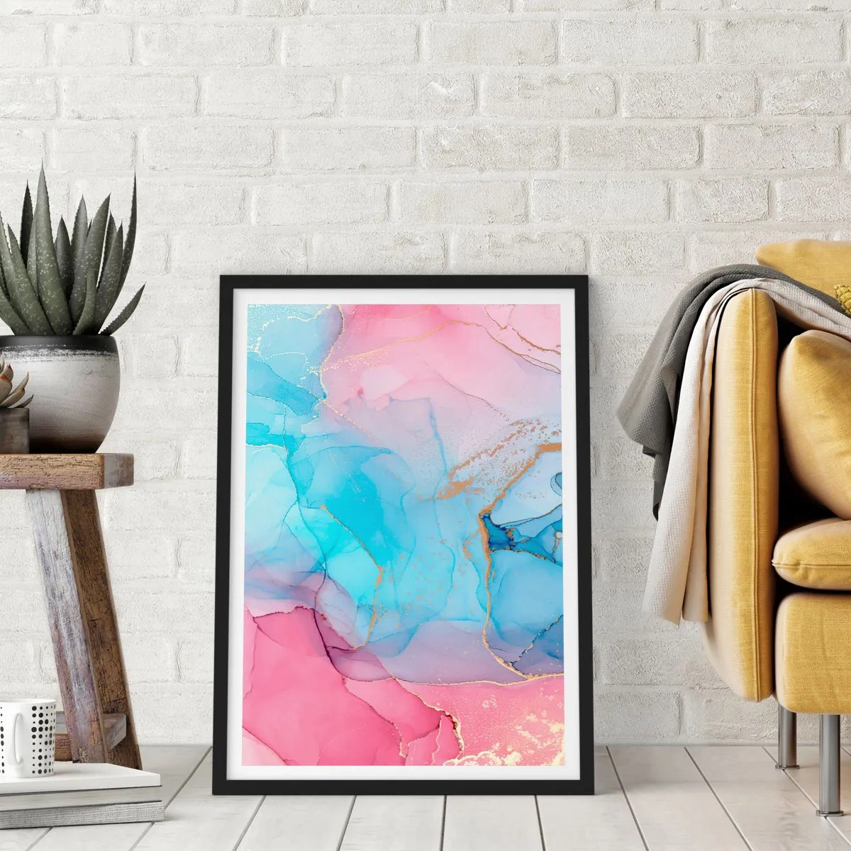 Poszter fehér keretben - Absztrakt foltok rózsaszín, kék és arany árnyalatokban - 50x70cm - Találkozás és átjutás - Modern fali dekoráció nappalihoz és hálószobához ARTTOR