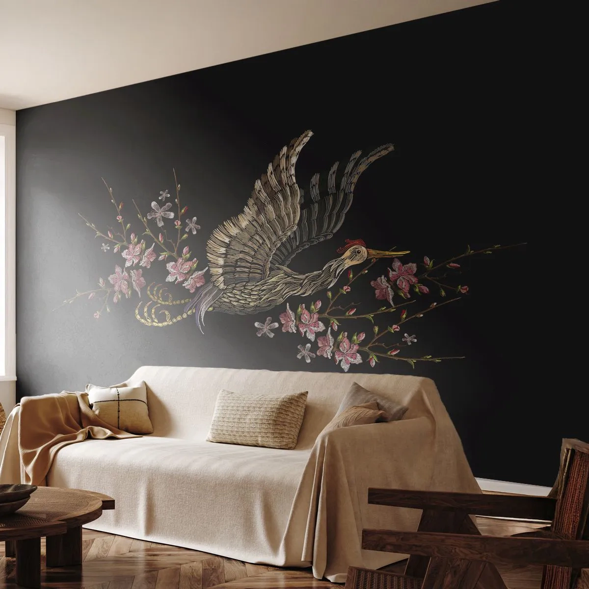 Fotótapéta Standard Eco - Egzotikus hímzett madár - Madár, Grafika, Virágok - 350x256 cm