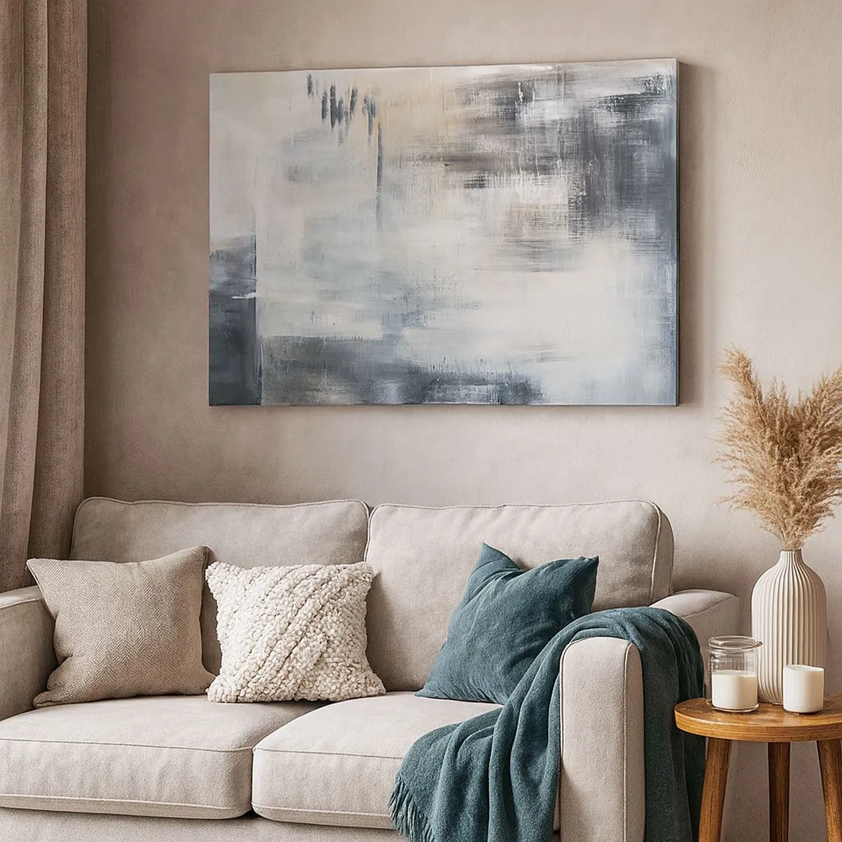 Vászonkép - Absztrakt kompozíció kék és szürke árnyalatokban - 70x50cm - A kék fátyol mögött - Modern fali dekoráció nappalihoz és hálószobához ARTTOR