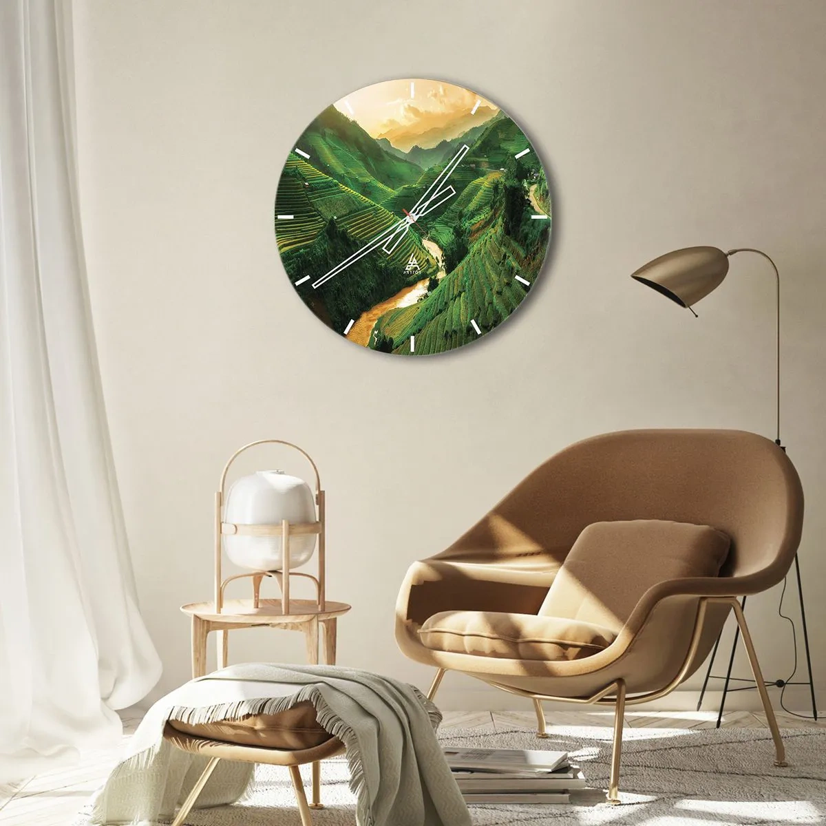 Falióra, Óra - Rizsföldek a hegyek között naplementekor - 30x30cm - Vietnámi völgy - Modern fali dekoráció nappalihoz, konyhához és hálószobához ARTTOR
