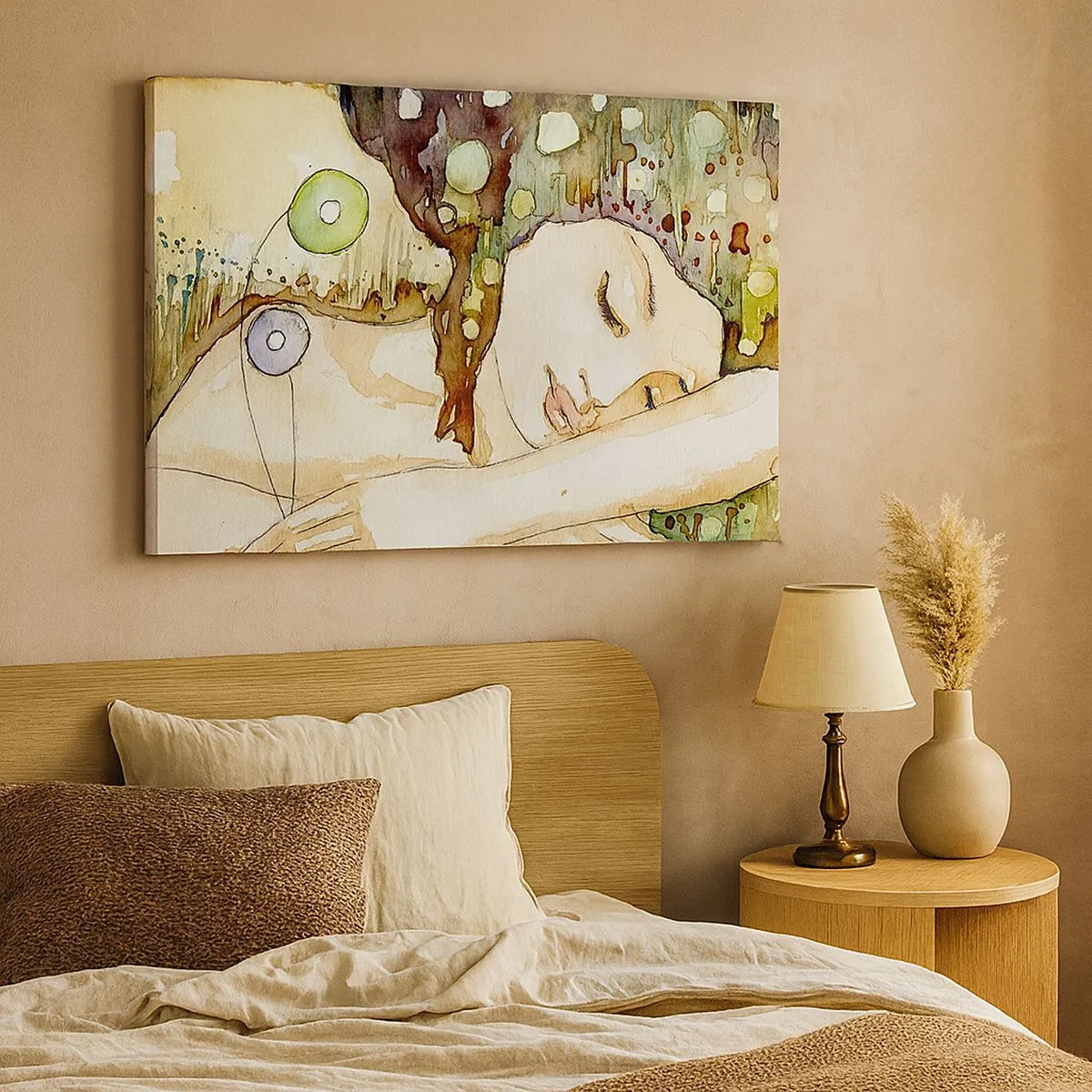 Vászonkép - Egy nő álmodik, absztrakt formák és színek veszik körül. - 70x50cm - Smaragd-ibolya álom - Modern fali dekoráció nappalihoz és hálószobához ARTTOR