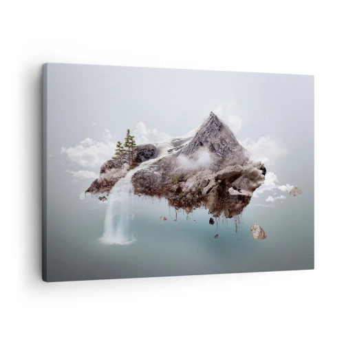 Vászonkép - Egy szürreális hegy lebeg a felhőkben egy vízeséssel - 70x50cm - Egy szürrealista szemével - Modern fali dekoráció nappalihoz és hálószobához ARTTOR