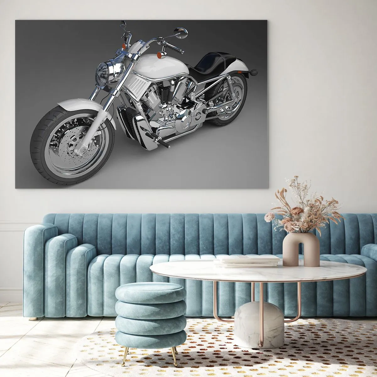 Üveg kép - Egy stílusos motorkerékpár modern csavarral ellátott szürke háttéren - 70x50cm - Térdre kényszerít - Modern fali dekoráció nappalihoz és hálószobához ARTTOR