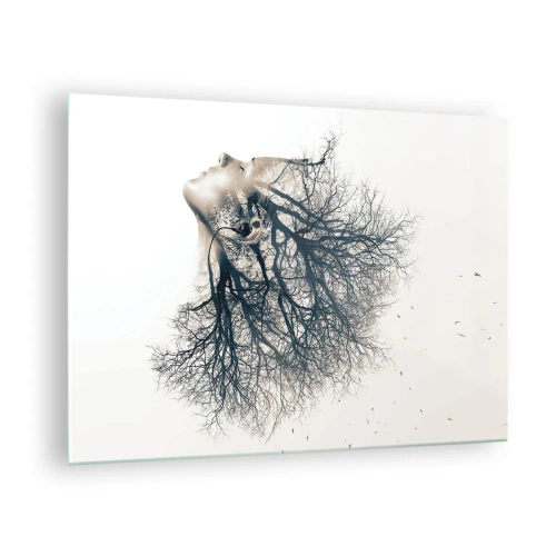 Üveg kép - Sziluettje egy nőnek, akinek ágai vannak a hajaként - 70x50cm - Hallgatva a fa suttogását - Modern fali dekoráció nappalihoz és hálószobához ARTTOR