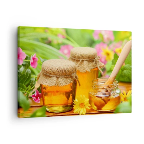 Vászonkép - Mézesüvegek virágokkal a nyári kert hátterében - 70x50cm - Édes és virágos - Modern fali dekoráció nappalihoz és hálószobához ARTTOR