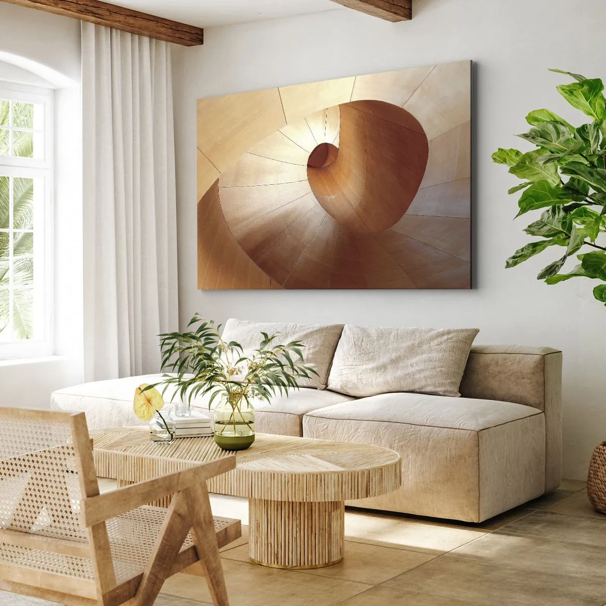 Vászonkép - Absztrakt spirál fa és világosbarna árnyalatokban - 70x50cm - Építészeti szerpentin - Modern fali dekoráció nappalihoz és hálószobához ARTTOR