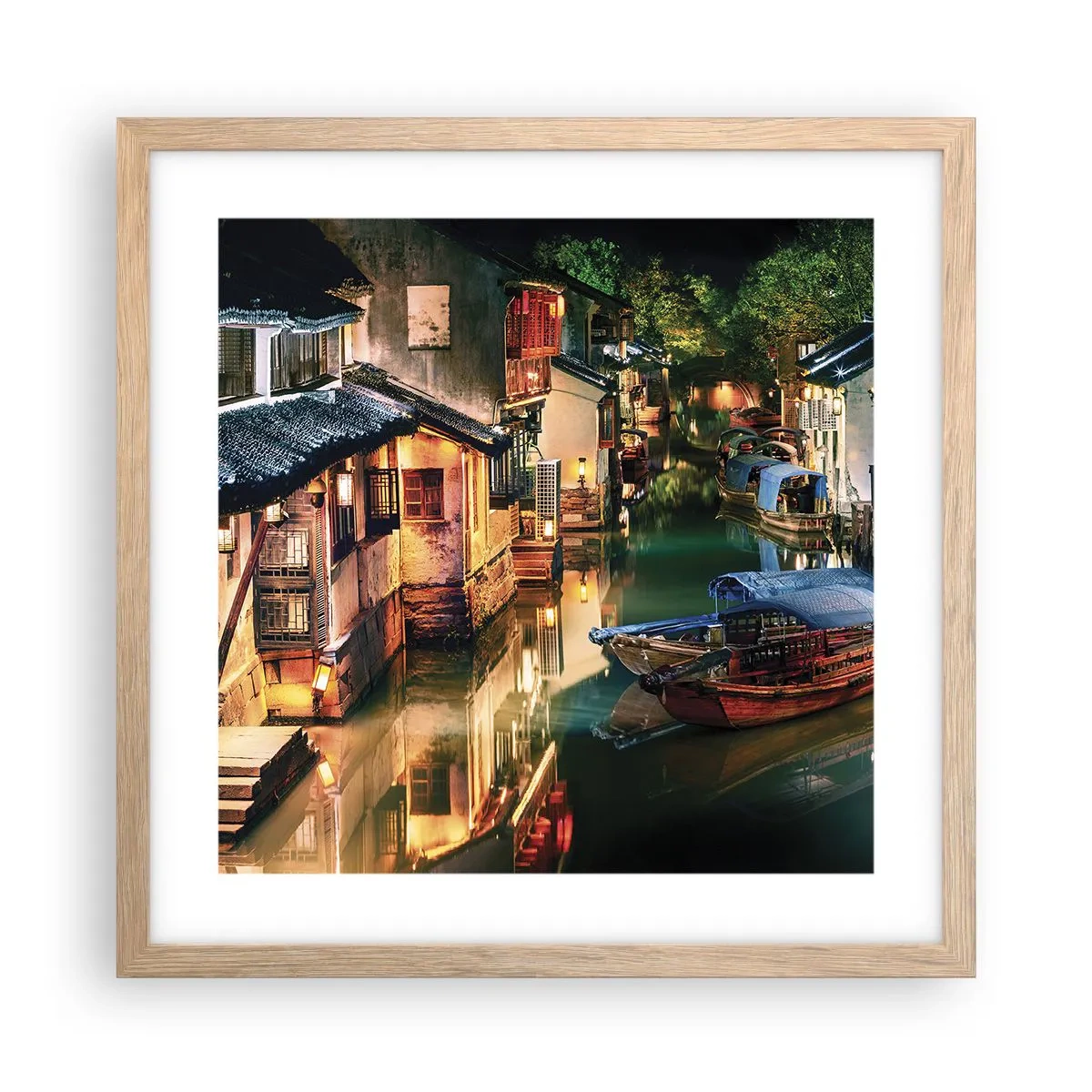 Poszter világos tölgy keretben - Este egy kínai utcán - 40x40 cm