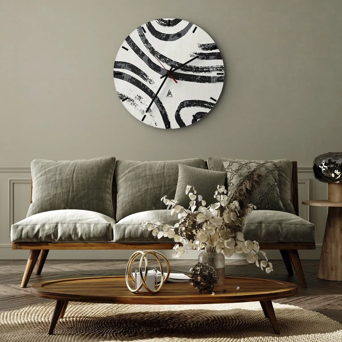 Falióra, Óra - Fekete és szürke ívek világos háttéren, minimalista stílusban - 30x30cm - Félig megállt - Modern fali dekoráció nappalihoz, konyhához és hálószobához ARTTOR