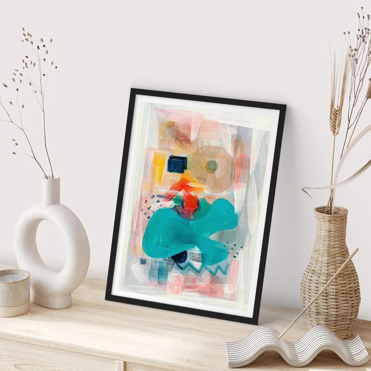 Poszter fehér keretben - Színes absztrakció dinamikus formákkal - 50x70cm - Színes játék - Modern fali dekoráció nappalihoz és hálószobához ARTTOR