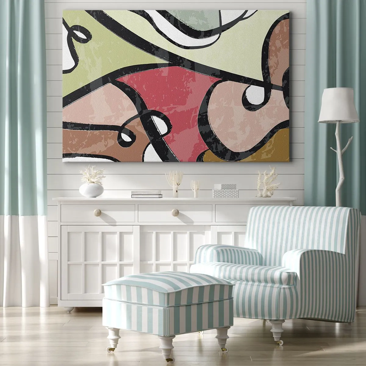 Vászonkép - Színes absztrakt formák fekete vonalakkal - 70x50cm - Pirouettek a színek között - Modern fali dekoráció nappalihoz és hálószobához ARTTOR