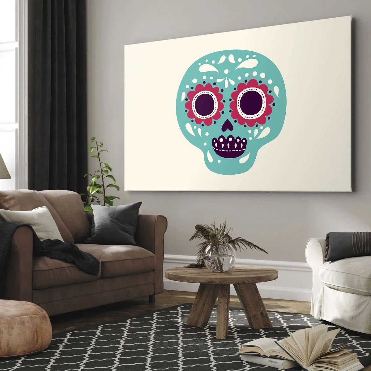 Vászonkép - Egy mexikói kultúra ihlette türkiz és lila cukorkoponya - 70x50cm - Az élet - szórakozás a halálig - Modern fali dekoráció nappalihoz és hálószobához ARTTOR