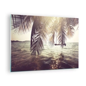 Üveg kép - Pálmafás strand és hinta a nyugodt tenger felett - 70x50cm - Tetszés szerint hintázhat a felhők között - Modern fali dekoráció nappalihoz és hálószobához ARTTOR