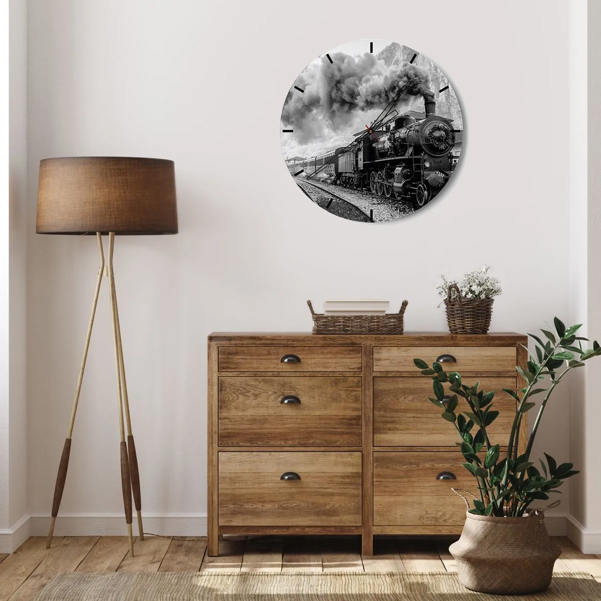 Falióra, Óra - Egy fekete-fehér gőzmozdony füstölgő kéménnyel - 30x30cm - Indulását a mozdony várja… - Modern fali dekoráció nappalihoz, konyhához és hálószobához ARTTOR