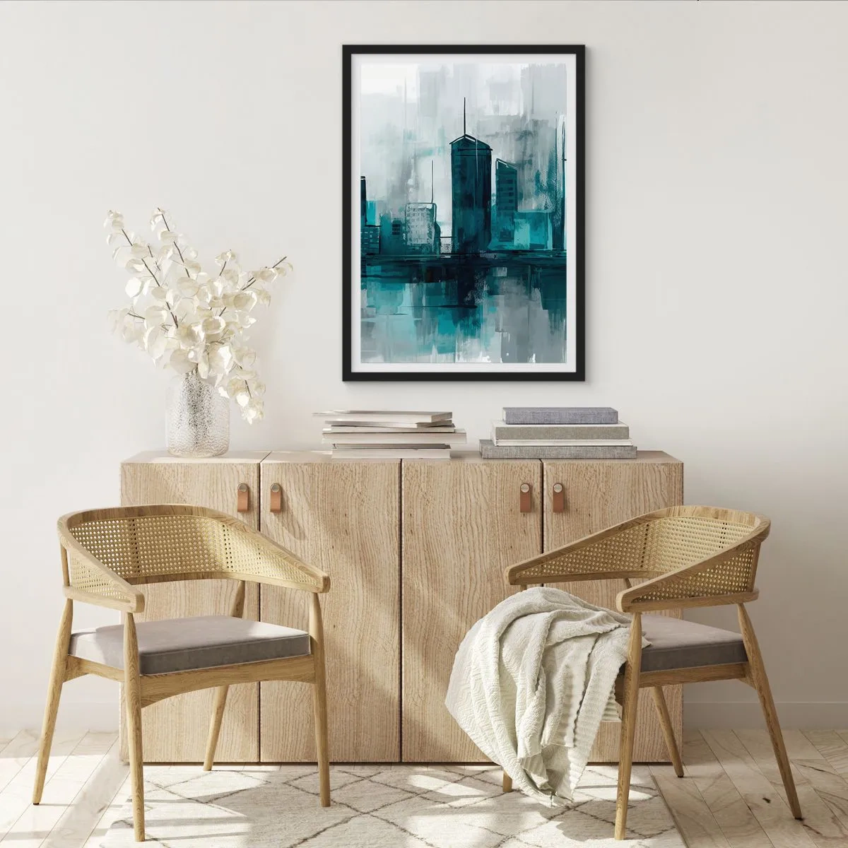 Poszter fehér keretben - Modern városi panoráma kék árnyalatokban - 50x70cm - Esőszínű város - Modern fali dekoráció nappalihoz és hálószobához ARTTOR