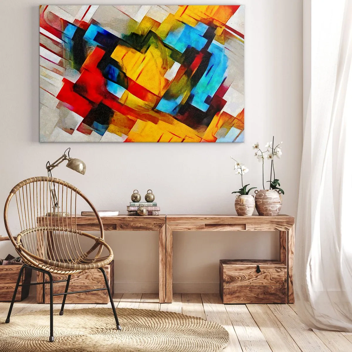 Vászonkép - Absztrakt geometrikus kompozíció élénk színekben - 70x50cm - Többszínű réteges - Modern fali dekoráció nappalihoz és hálószobához ARTTOR