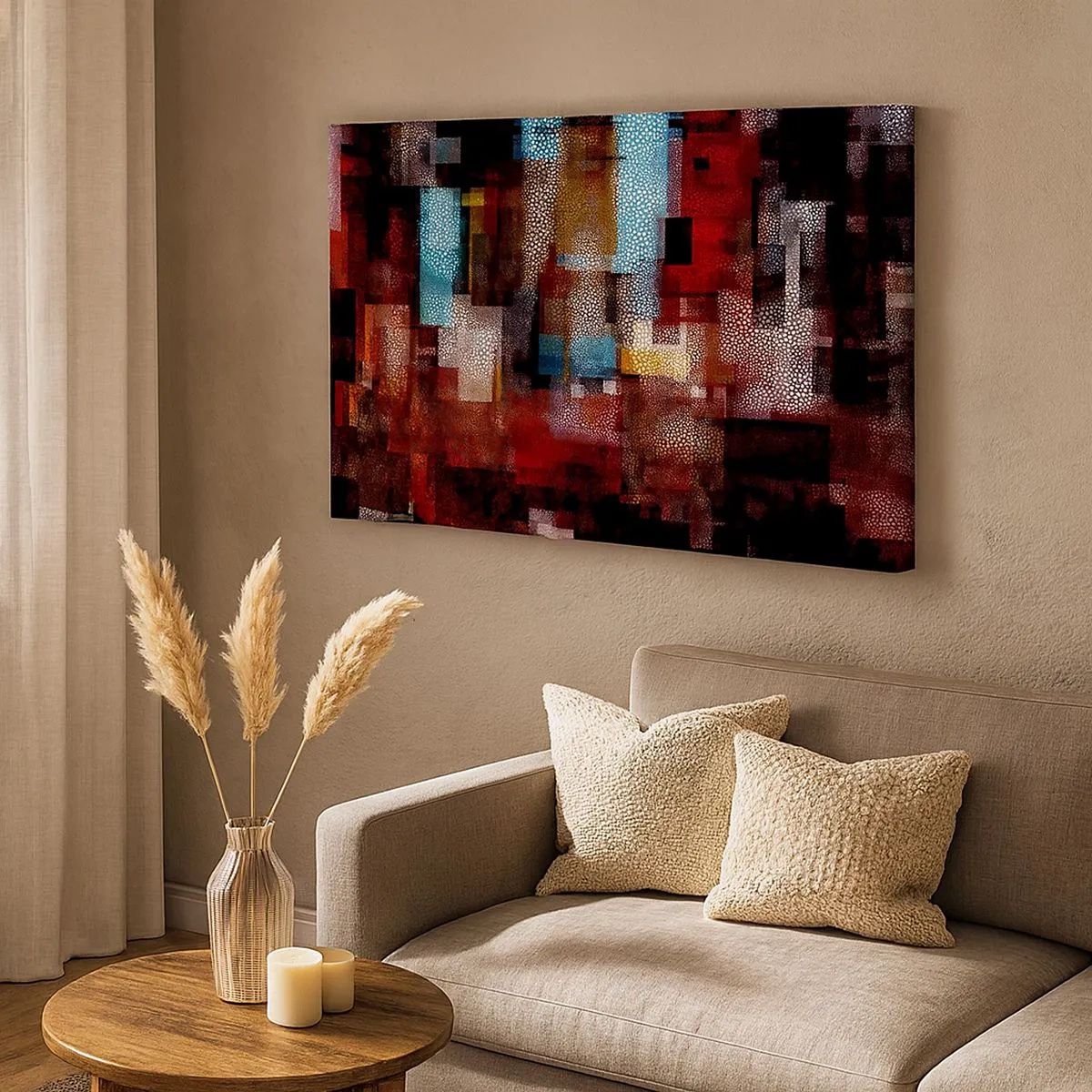 Vászonkép - Geometrikus absztrakció intenzív vörös árnyalatokban - 70x50cm - Zavartság zavartsággal - Modern fali dekoráció nappalihoz és hálószobához ARTTOR