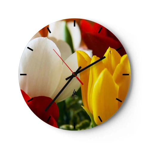 Falióra, Óra - Színes tulipánok, sárga, fehér és piros közeli képe - 30x30cm - Tulipán láz - Modern fali dekoráció nappalihoz, konyhához és hálószobához ARTTOR