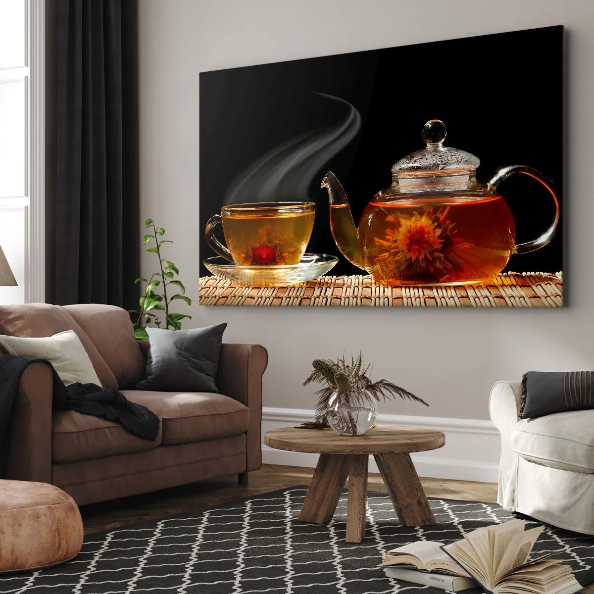 Vászonkép - Üveg teáskanna virágteával és egy csészével - 70x50cm - A teafőzés varázsa és művészete - Modern fali dekoráció nappalihoz és hálószobához ARTTOR