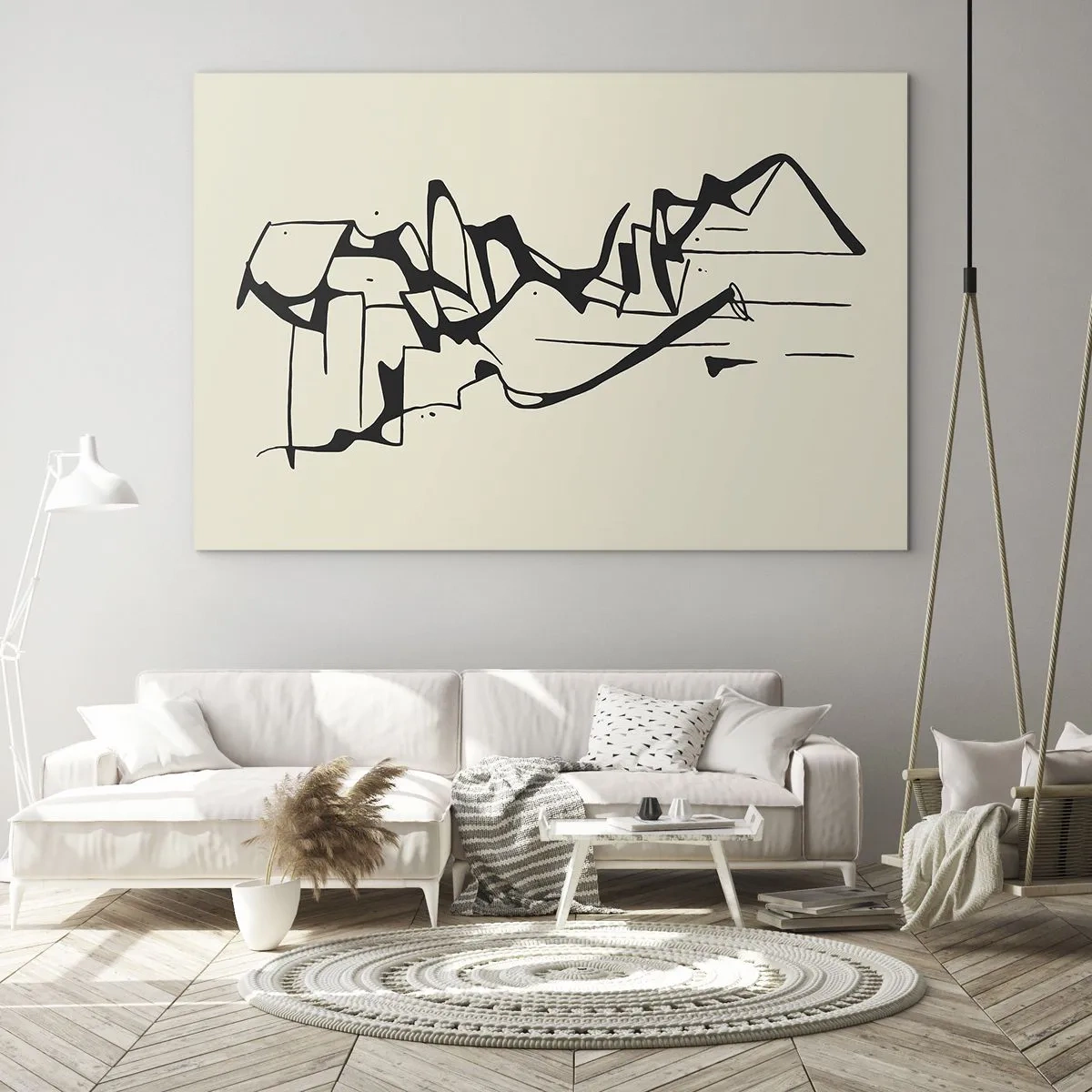 Üveg kép - Absztrakt fekete-fehér vonal, amely egy táj körvonalát alkotja - 70x50cm - Lehet egy táj - Modern fali dekoráció nappalihoz és hálószobához ARTTOR
