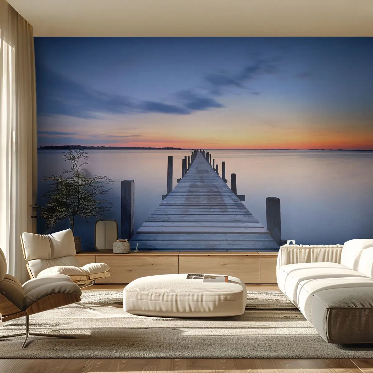 Fotótapéta Premium Canvas - A derűs szürkület nyugalma - Tájkép, öböl, Fa híd - 250x175 cm