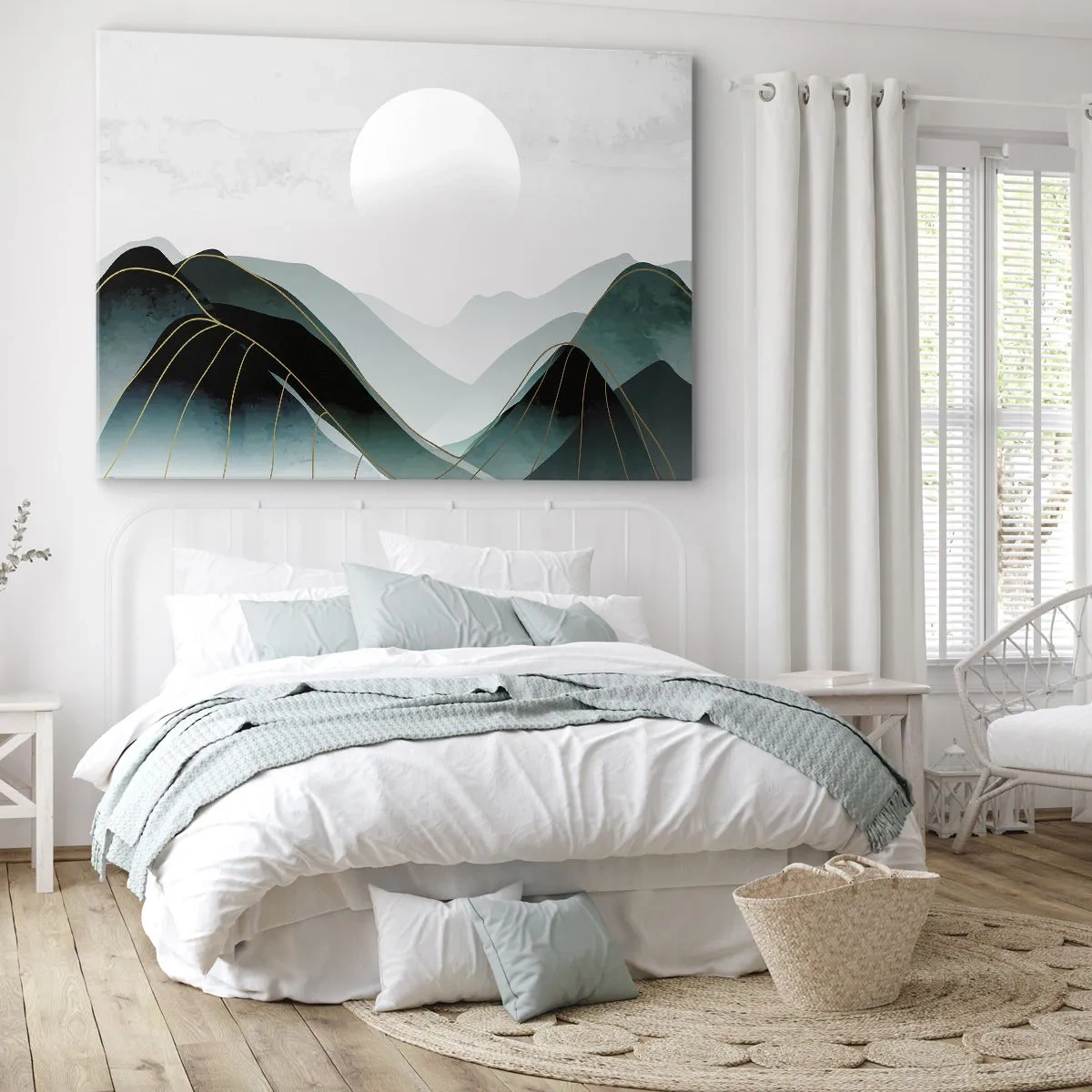Vászonkép - Absztrakt hegyi táj a Holddal és arany vonalakkal - 70x50cm - Teljes fenségben - Modern fali dekoráció nappalihoz és hálószobához ARTTOR