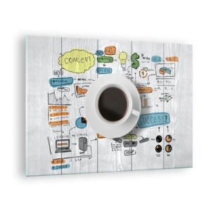 Üveg kép - Egy csésze kávé diagramok és fogalmi rajzok hátterében - 70x50cm - Ideje szünetet tartani - Modern fali dekoráció nappalihoz és hálószobához ARTTOR