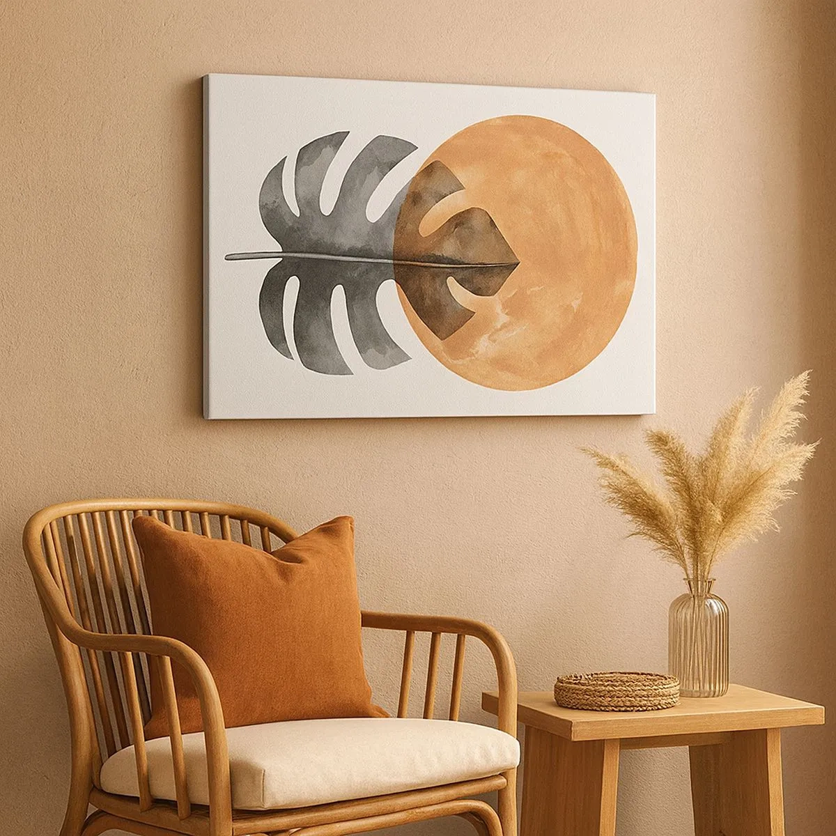Vászonkép - Monstera levél és arany kör világos háttér előtt - 70x50cm - Mindig a nap - Modern fali dekoráció nappalihoz és hálószobához ARTTOR