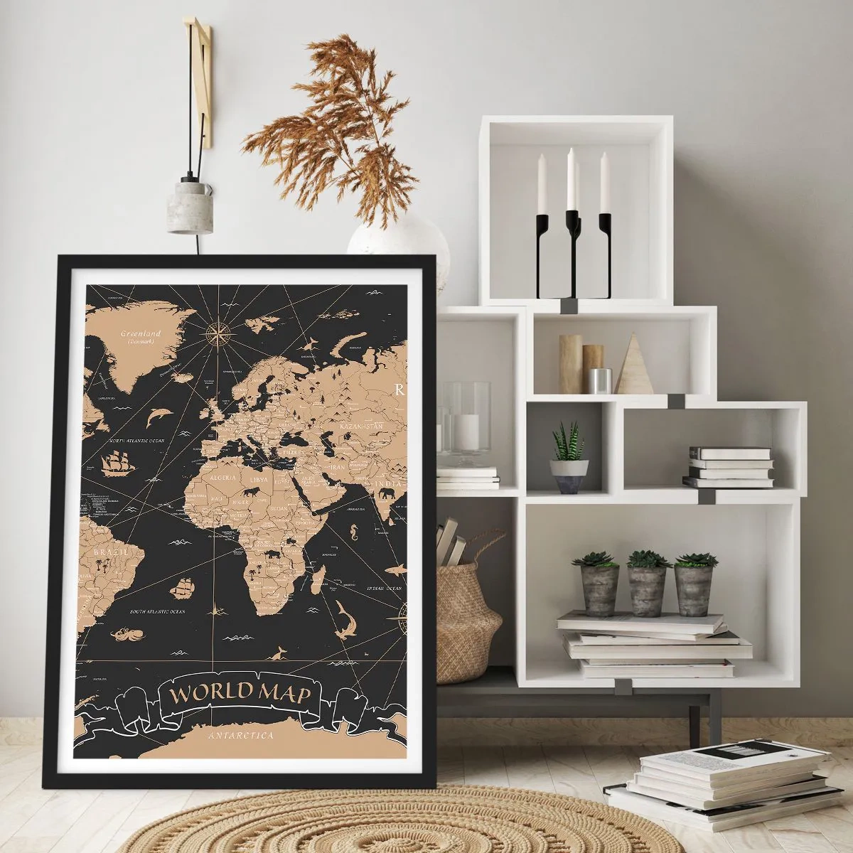 Poszter fehér keretben - Stilizált világtérkép vintage színekben - 50x70cm - A világom határai - Modern fali dekoráció nappalihoz és hálószobához ARTTOR