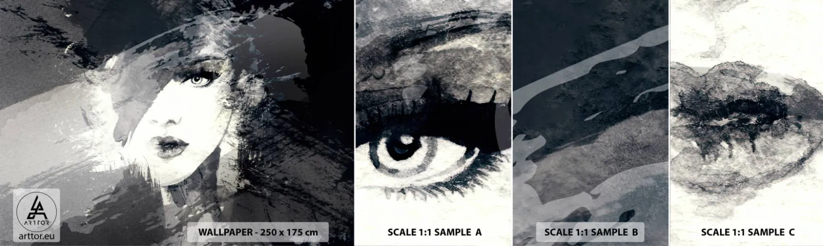 Fotótapéta Minta Öntapadós Deluxe Sticker - Szürke fátyol mögül - Női Arc, Fekete és fehér, Szemek - 100x30 cm