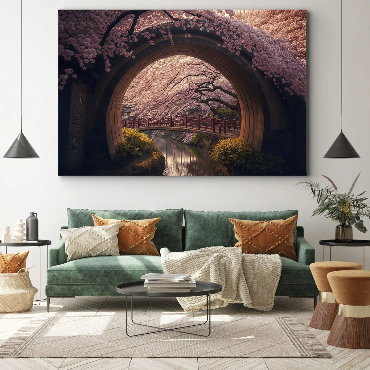 Vászonkép - Egy hagyományos japán híd, cseresznyevirágokkal körülvéve - 70x50cm - Japán tavasz - Modern fali dekoráció nappalihoz és hálószobához ARTTOR