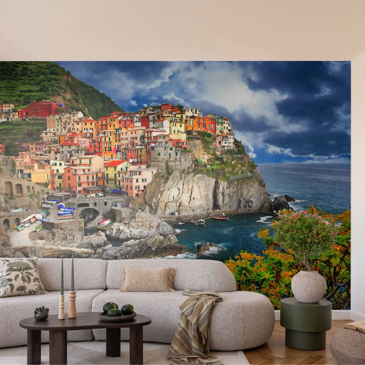 Fotótapéta Premium Sand - Egy csoport a sziklákra simulva - Tájkép, Építészet, Olaszország - 100x70 cm
