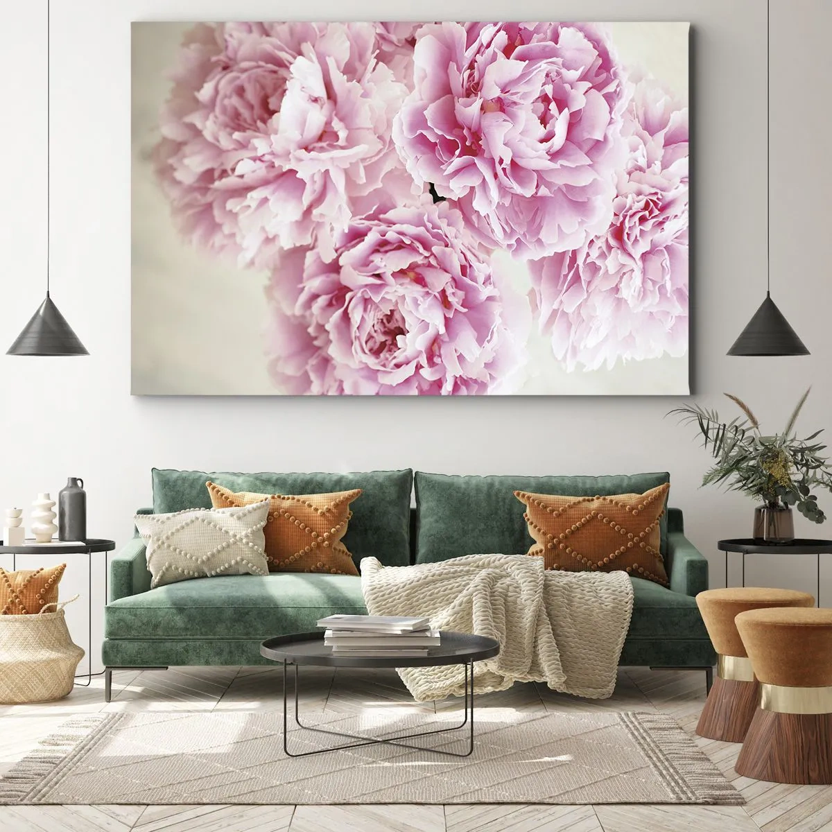 Vászonkép - Egy csokor rózsaszín pünkösdi rózsa világos háttér előtt - 70x50cm - Rózsaszín pompában - Modern fali dekoráció nappalihoz és hálószobához ARTTOR