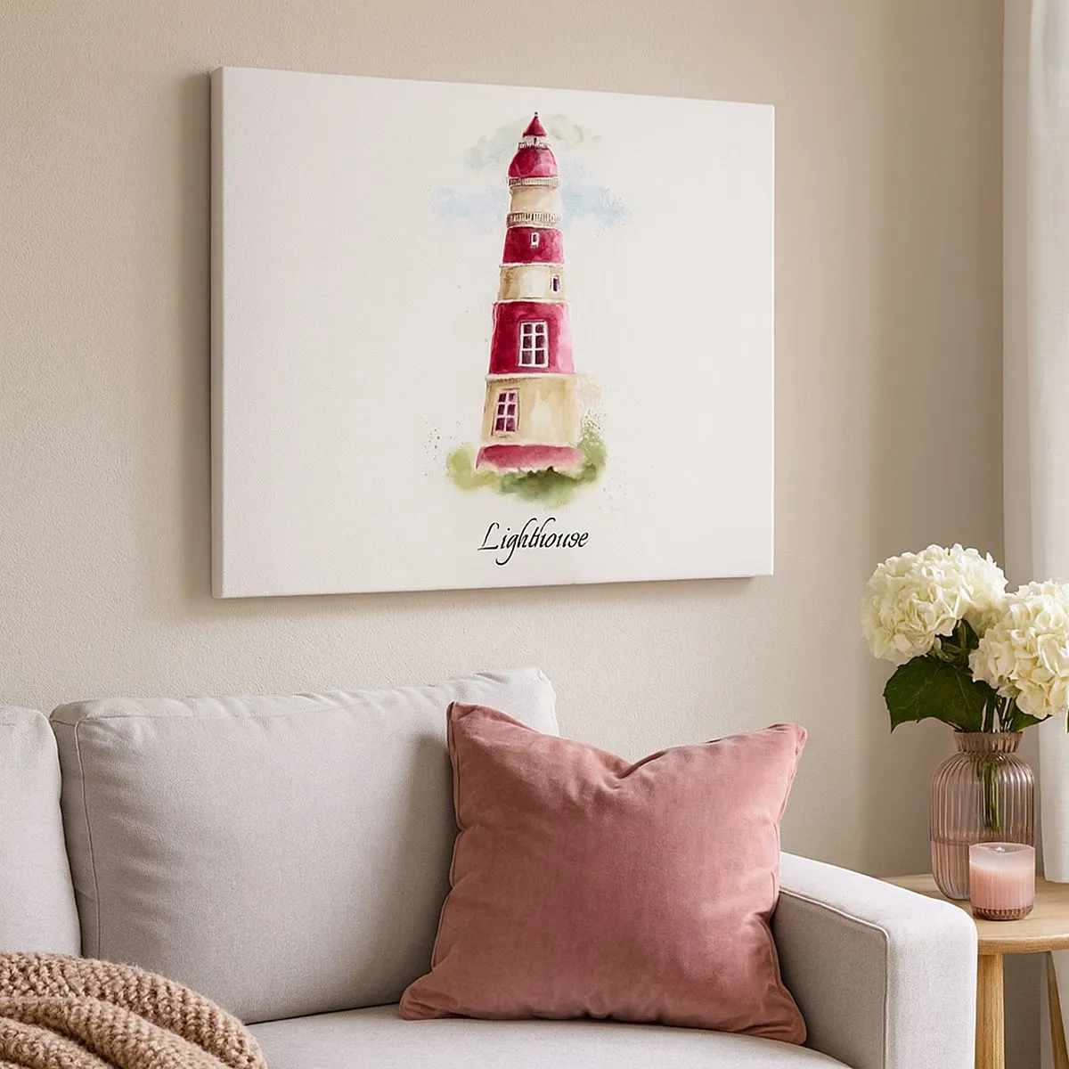 Vászonkép - Világítótorony akvarellfestménye világos háttér előtt, felirattal - 70x50cm - Körbe mindíg időjárás - Modern fali dekoráció nappalihoz és hálószobához ARTTOR