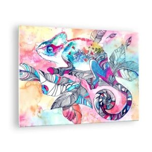 Üveg kép - Színes kaméleon akvarell stílusú levelek között - 70x50cm - Olyan színes, mint a mi világunk - Modern fali dekoráció nappalihoz és hálószobához ARTTOR