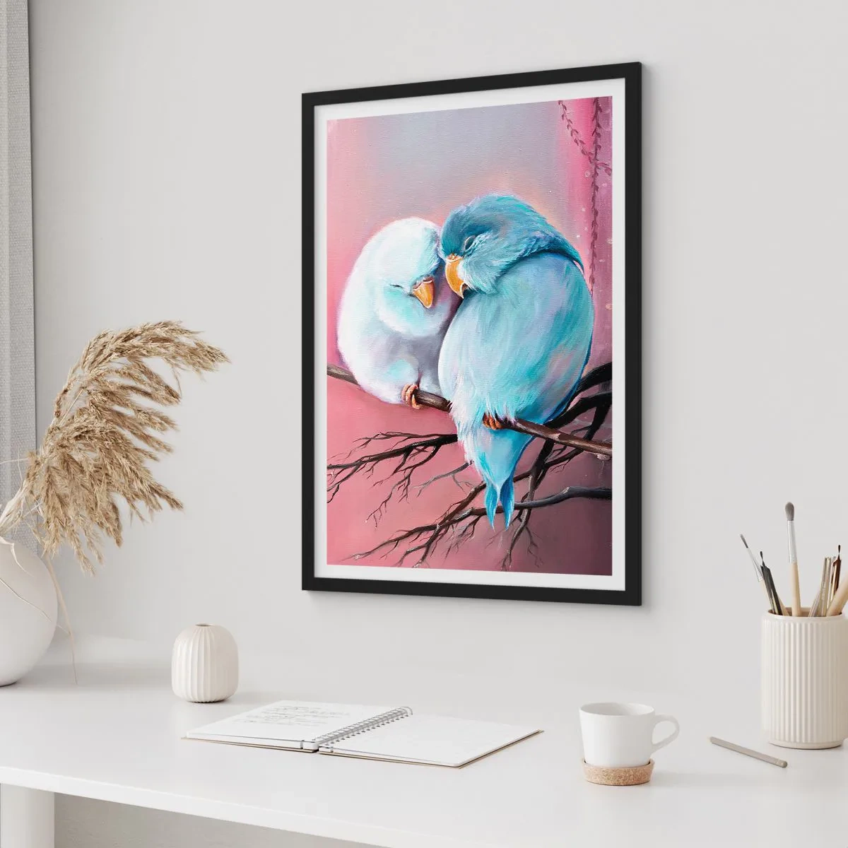 Poszter fehér keretben - Két madár ül egy ágon romantikus környezetben - 50x70cm - Mit tehetnénk hozzá?... - Modern fali dekoráció nappalihoz és hálószobához ARTTOR