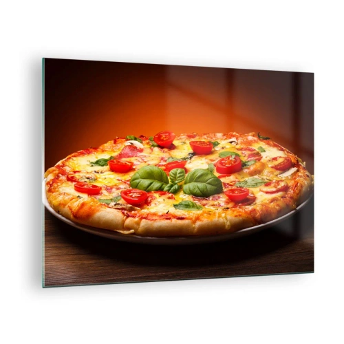 Üveg kép - Pizza paradicsommal, bazsalikommal és olvasztott sajttal - 70x50cm - Mamma mia! - Modern fali dekoráció nappalihoz és hálószobához ARTTOR
