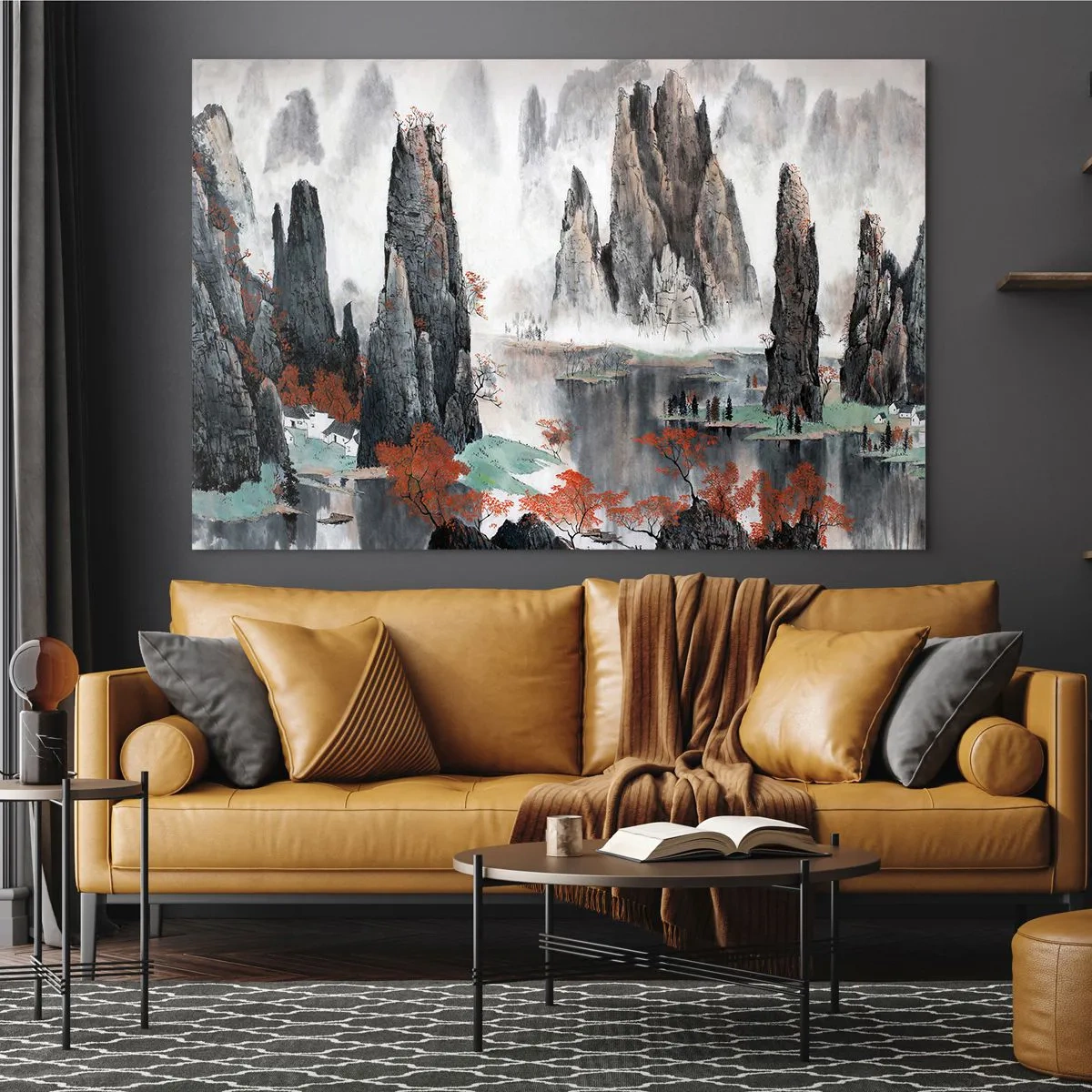 Üveg kép - Festői hegyi táj ködös csúcsokkal és vörös fákkal - 70x50cm - Erőteljes őrök - Modern fali dekoráció nappalihoz és hálószobához ARTTOR